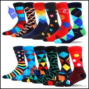 Men's Novelty Dress Socks Cotton Crew Geometric Patterns Size 9-13
